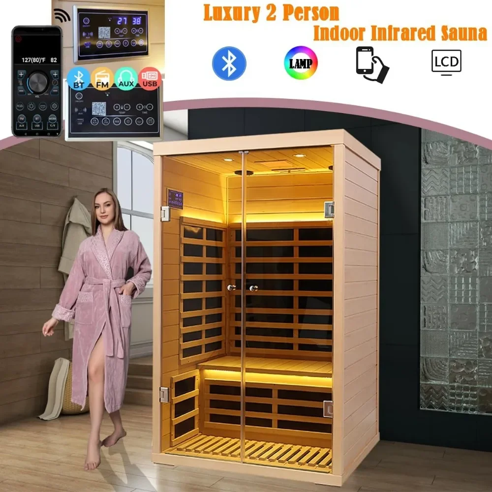 Sauna infravermelha distante Hemlock para 2 pessoas com baixo EMF, sauna interna doméstica, portas de vidro temperado de luxo, 1780 W, aplicativo e controle de painel LCD