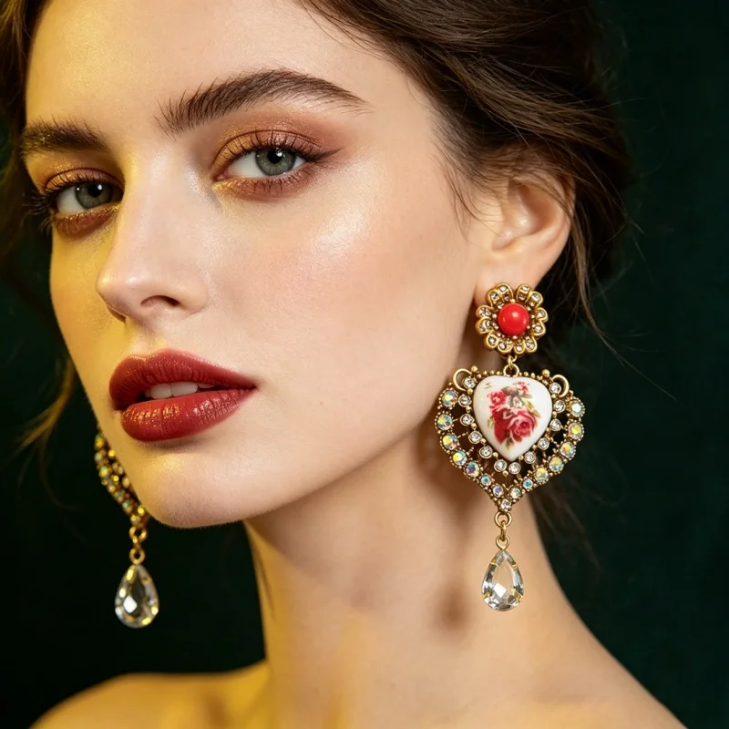 Women Retro Gothic Floral Heart Dangle Earrings Ornate Gold Frame Pink Rose Photo Cabochon Waterdrop Crystal Pendant Trendy Wedd