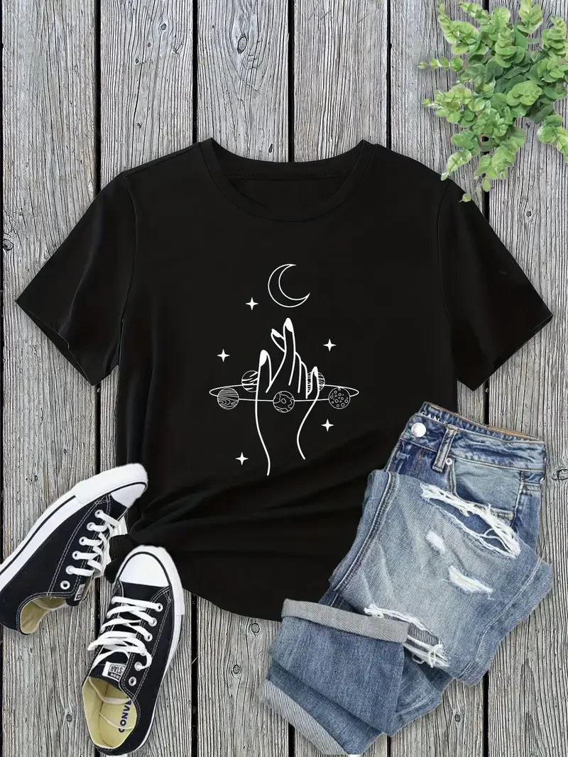 Moon & Hand Print Crew Neck T-Shirt Casual Short Sleeve T-Shirt For Spring  Summer Women's Clothing