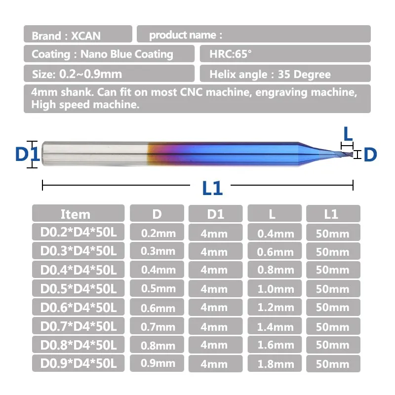 XCAN Milling Bit D0.2-D0.9mm Micro Flat End Mill Carbide 2 Flutes CNC Router Bit Nano Blue Coated CNC Machine Milling Cutter
