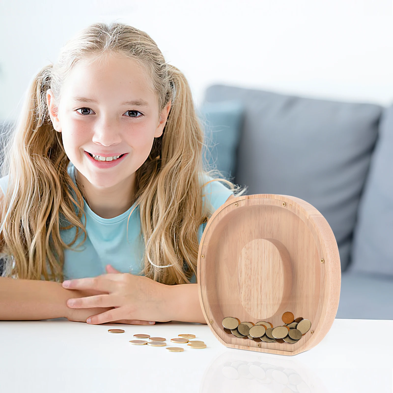 

Wooden Coin Bank Kids Money Container English Letter Shape Large Capacity Clear Window Observation Children Saving Habit Wooden