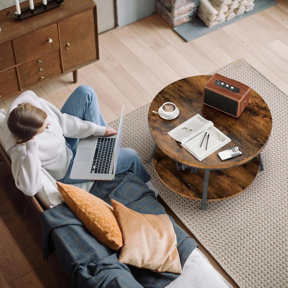 Round Coffee Tables for Living Room, Circle Wood Coffee Table, 2 Tier Industrial Modern Center Table with Thickened Tabletop and
