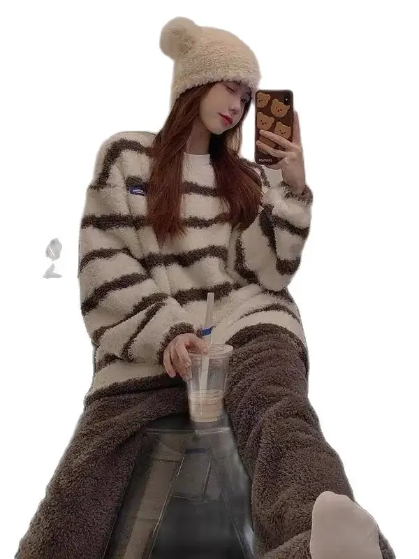 Striped Sweater Pajamas Women Korean Fashion Pullover Winter Casual Elegant Sweater Lady Vintage Harajuku Warm Pullover