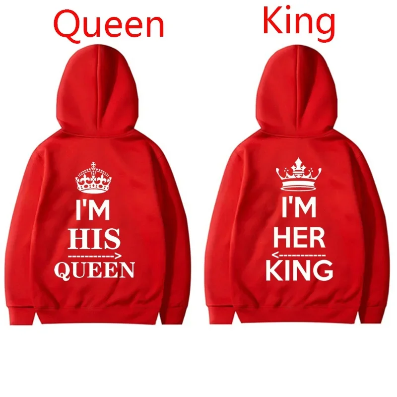 NEW Couples Hoodies I\'M HIS QUEEN And I\'M HER KING Print Hooded Long Sleeve Couple Queen King Sweatshirt Women Men Pullover