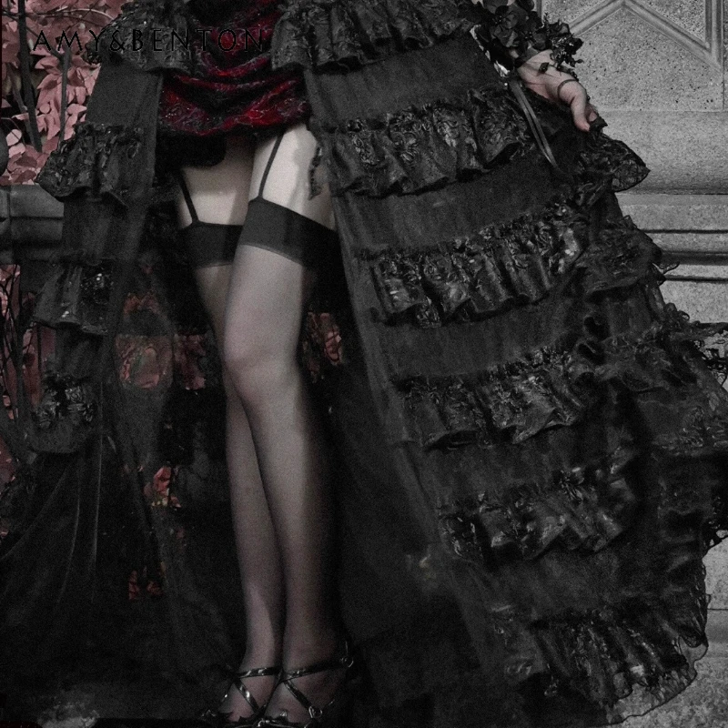 

Gothic Dark Design Multi-layered Trailing Women's Skirt Autumn Winter New Halloween Party Sweet Cool Lace Hollow Skirts Ladies