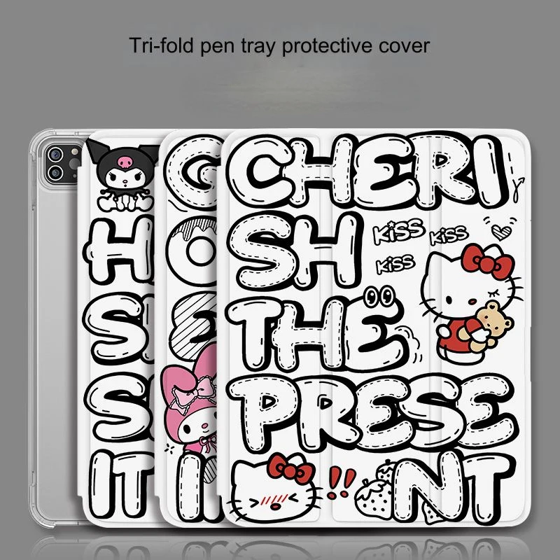 Sanrio Hello Kitty Kuromi MyMelody Tablet Case for iPad Air 1 2 3 Mini 4 5 6 Pro 2022 11in Three-fold Pen Slot Protective Cover