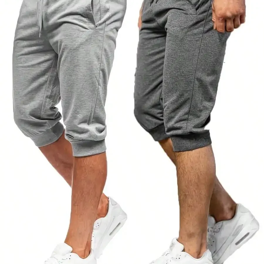 Mens Casual Sports 7-Point Shorts With Ribbed Waist And Cuffs Multi-Pocket Comfortable Fabric