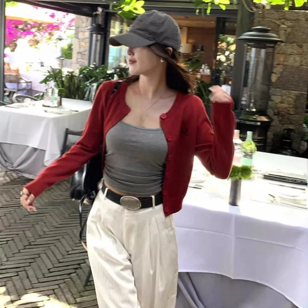 Suéteres de ganchillo con lazo liso para mujer, cárdigans de manga larga para otoño y primavera, abrigos cortos holgados y ajustados de estilo Preppy Y2K, ropa de calle