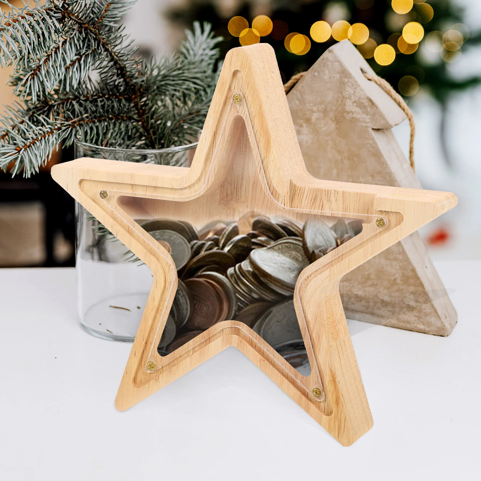 

Star Shaped Piggy Bank Wooden Acrylic Coin Container Large Capacity Money Pot Desktop Adornment Stylish Savings Jar