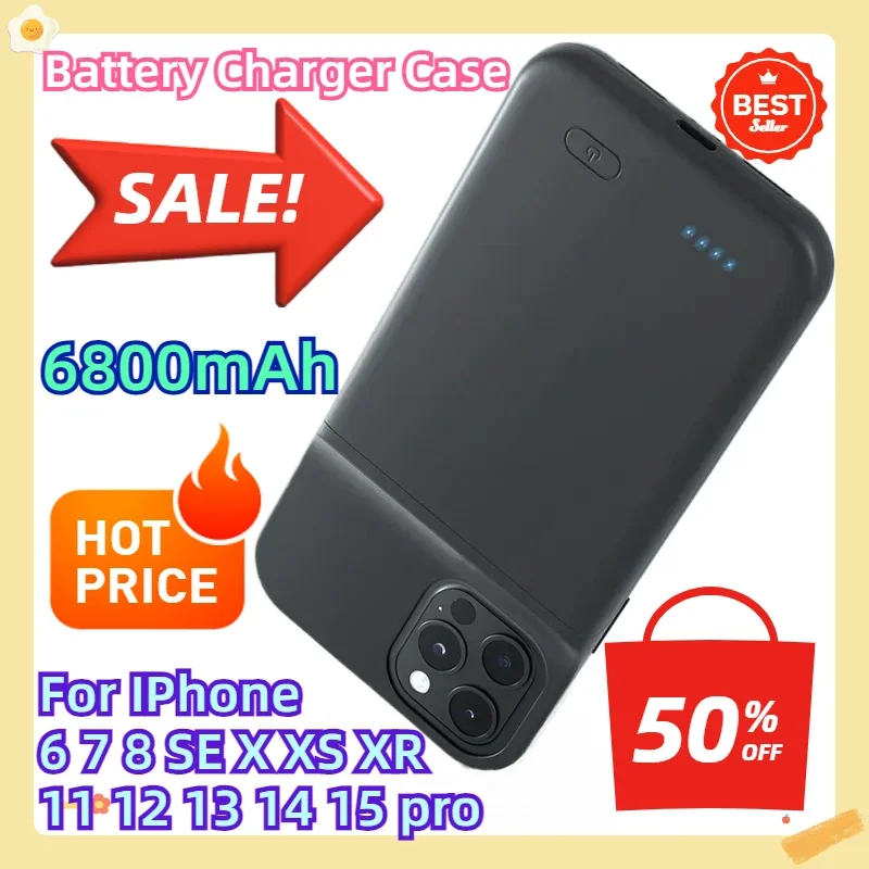 

For IPhone 6 7 8 SE X XS XR 11 12 13 14 15 pro Backup External Phone Charging Power Bank Battery Charger Case Powerbank 6800mAh