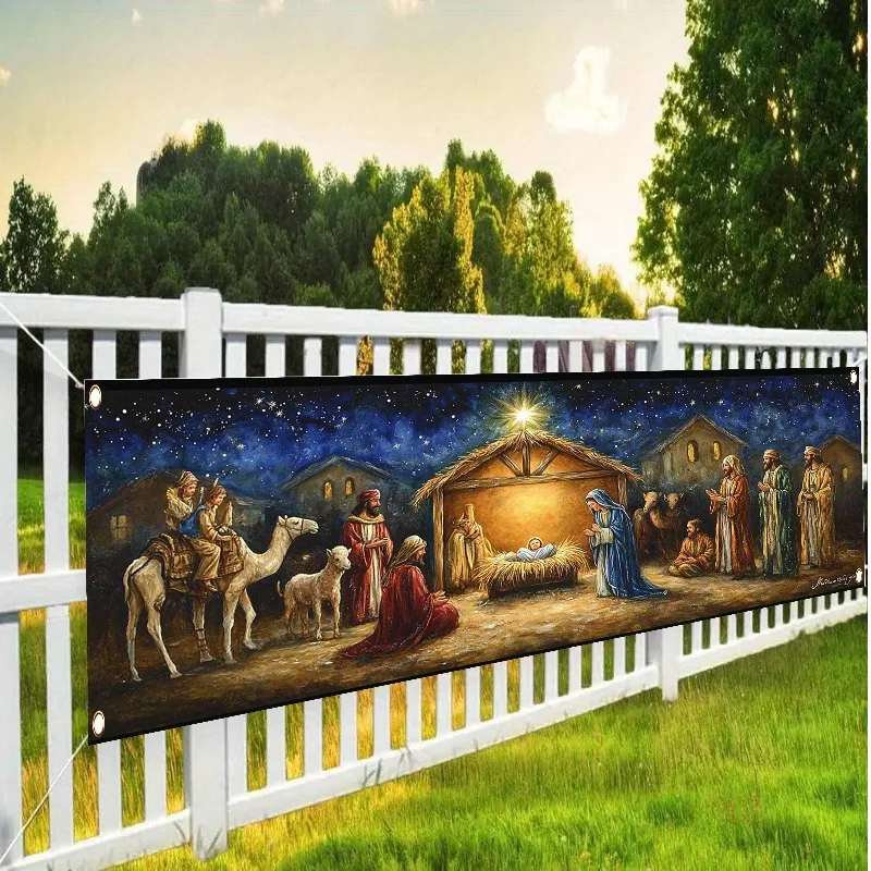 Merry Christmas Nativity Scene Yard Banner Hanging Flag Decor Cover for Outdoor Lawn Wall Porch Fence Party Supplies