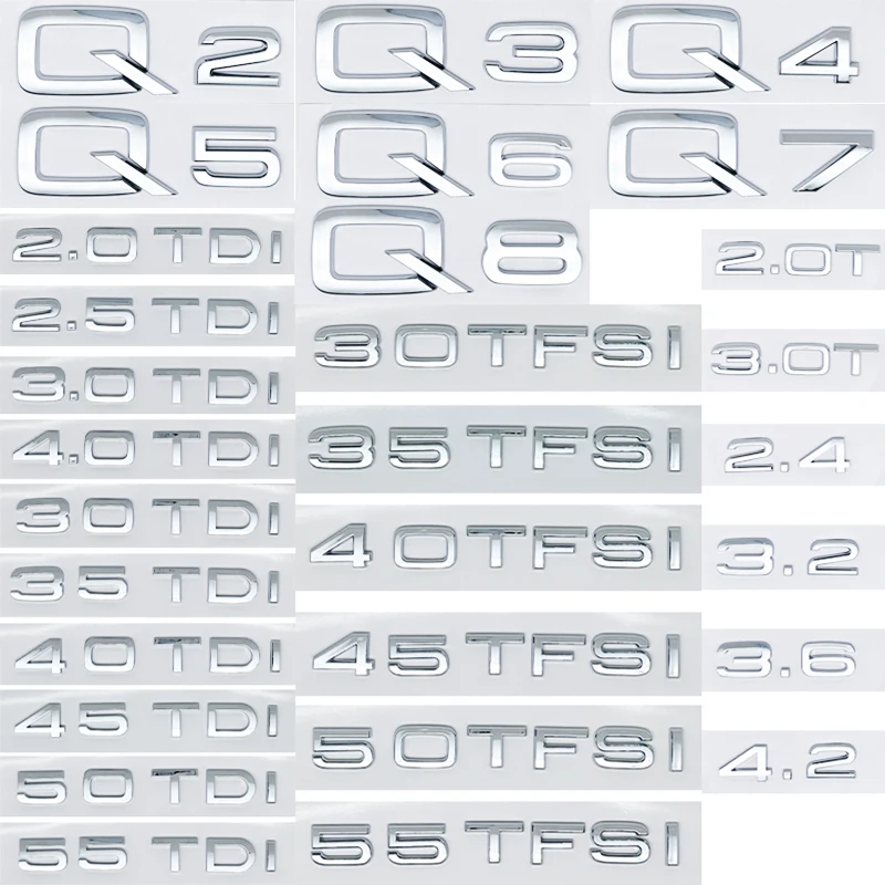 ABS-Zahlen Buchstaben Q2 Q3 Q4 Q5 Q6 Q7 Q8 30 35 40 45 50 55 TDI TFSI 2.0T Emblem für Auto Kotflügel Kofferraum hinten Logo Aufkleber
