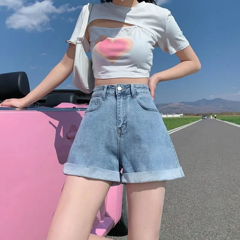 High Waist Cuffed Denim Shorts Women's Summer Fashion Slimming Loose Wide Leg A-Line Pants Street Style Cotton Blend