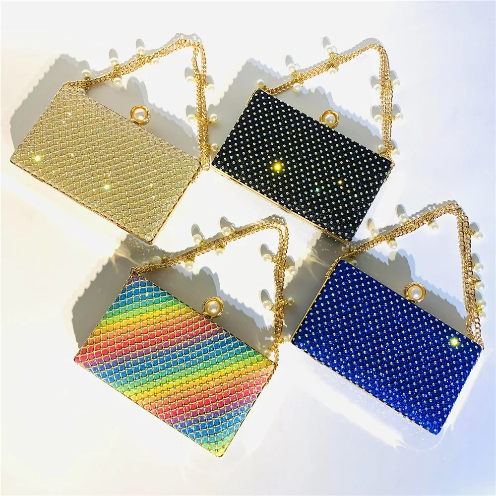 Women Fashion Diamonds Rhinestone Clutches Retro Pearl Chain Ladies Shoulder Bags Shiny Small Crossbody Bags Female Handbags