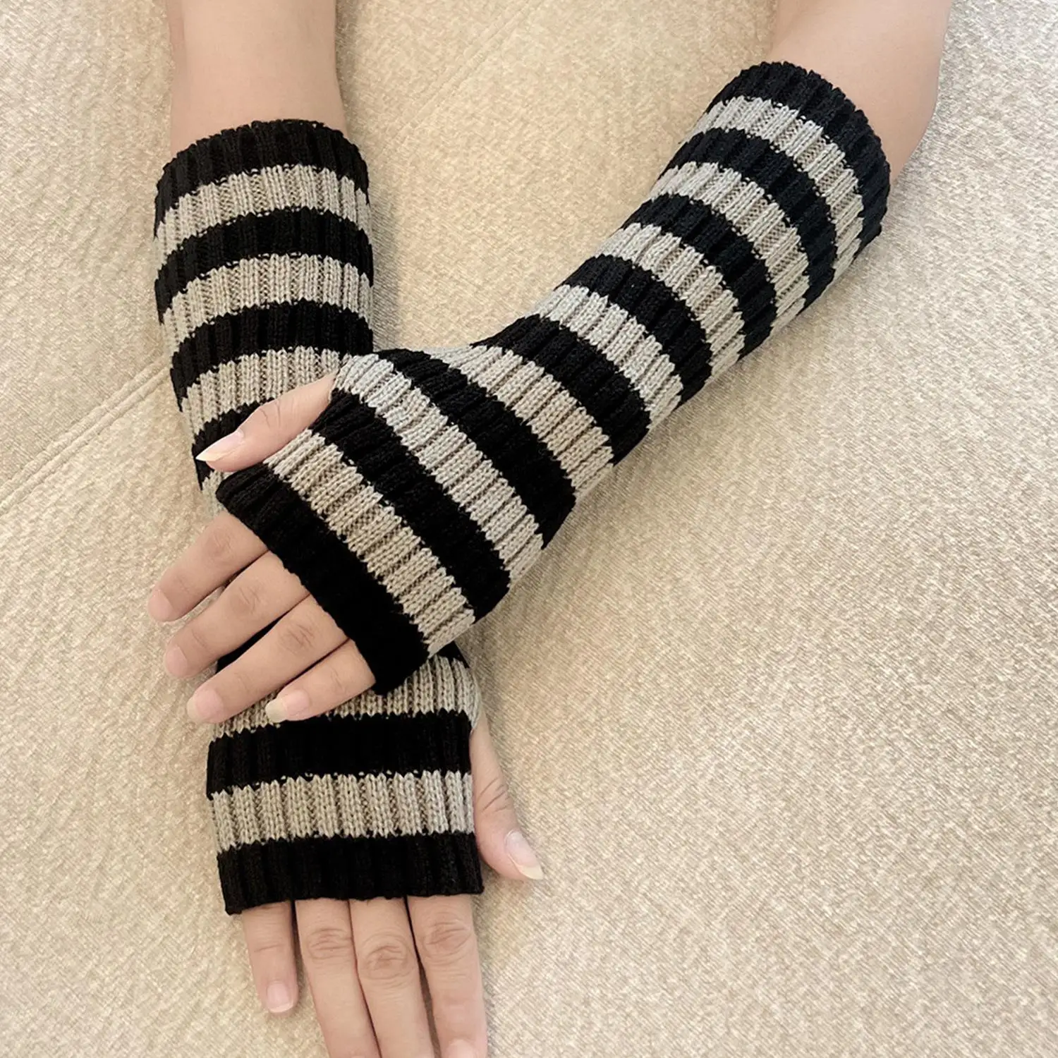 Knitted Arm Warm Gloves Goth Arm Warmers Half Finger Long Wrist Gloves False Sleeves Stripe Elbow Mittens Autumn Winter