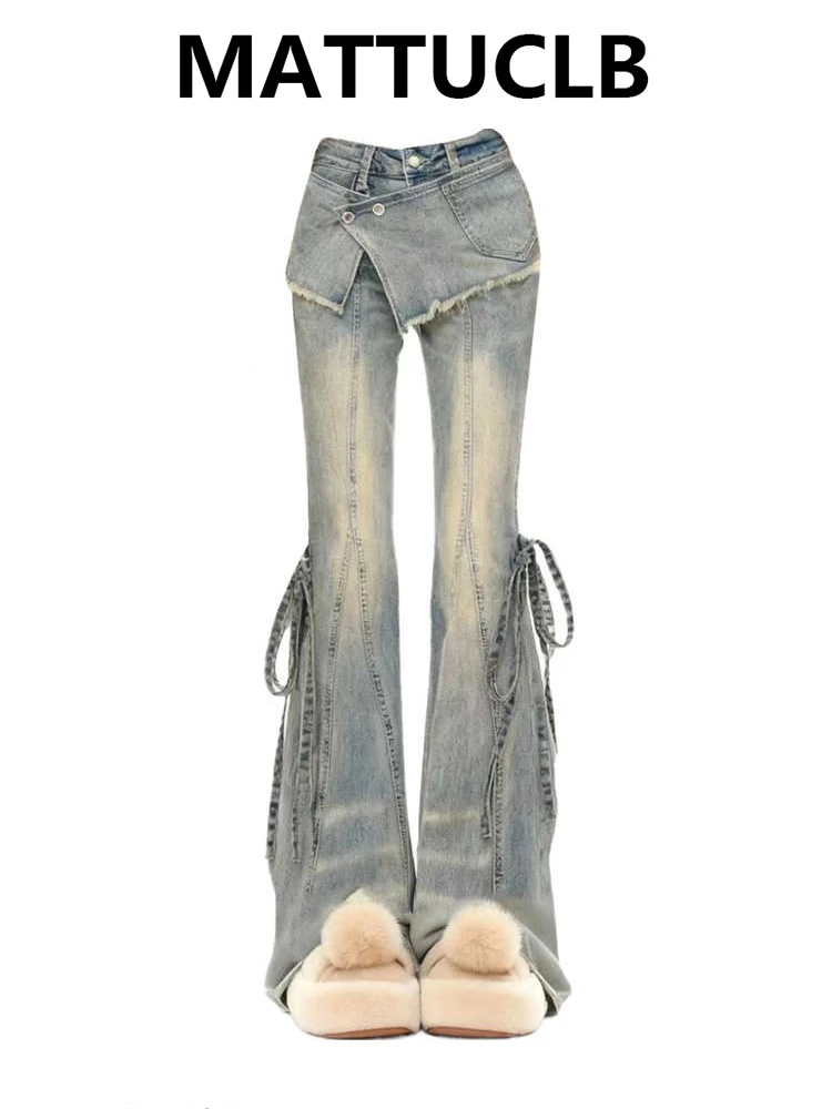 

Женские расклешенные джинсовые брюки с низкой посадкой, американский ретро-дизайнер, корейские джинсы-трубы Gyaru, брюки Y2k 2000-х годов, брюки-клеш High Street