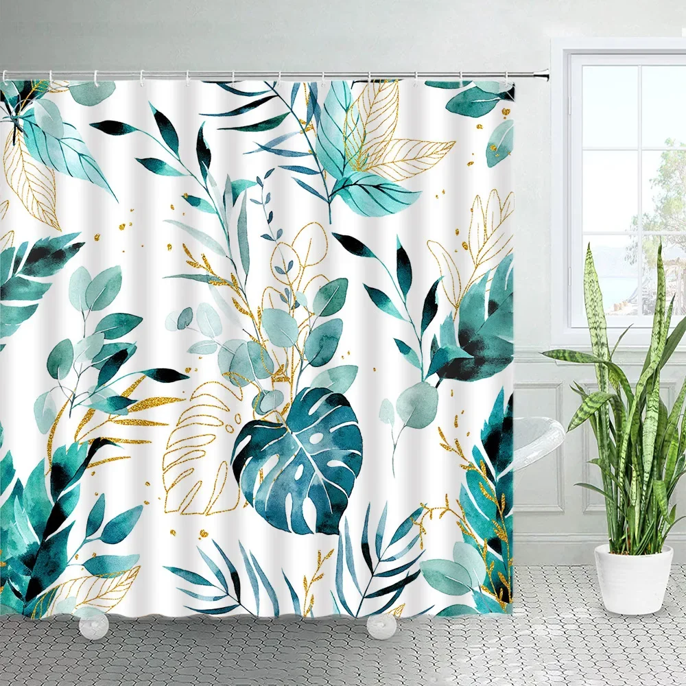 Gold Black Leaves Shower Curtains Tropical Plants Monstera Palm Leaf Creative Ink Art Fabric Bathroom Decor Bath Curtain Sets