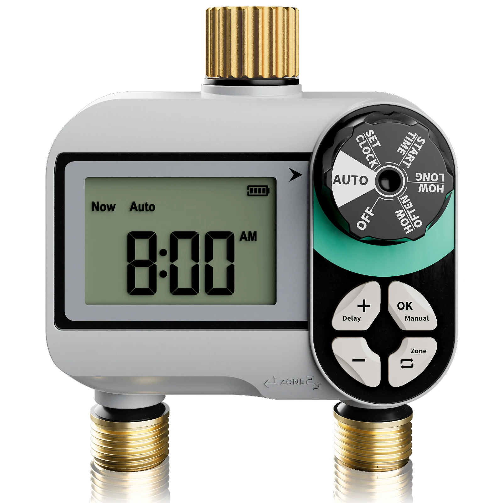 

2 Zone Sprinkler Timer with Brass Inlet & Outlet, Programmable Water Timer for Garden Hose with Rain Delay/Manual Watering