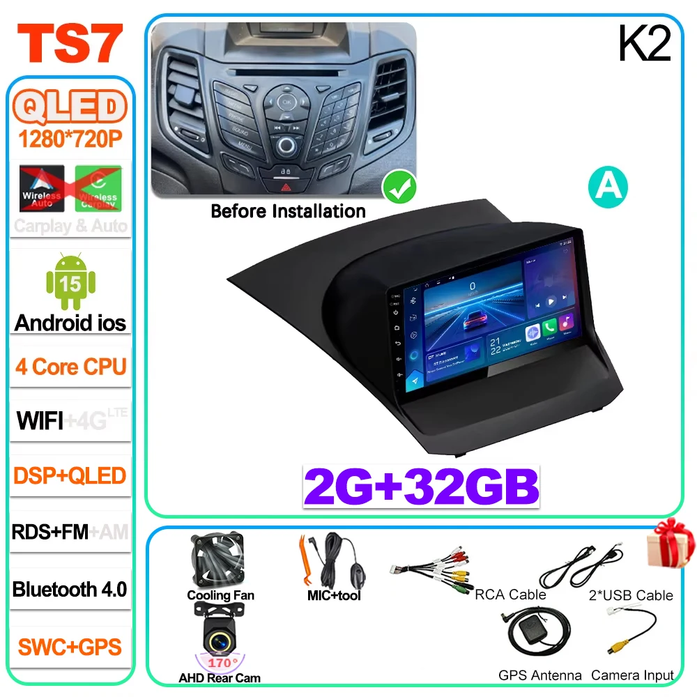 Auto radio Carplay Android 16 voor Ford Fiesta Mk 6 2009 2010 2011 2012 2013 2014 -2018 Radio Multimedia Videospeler Scherm GPS