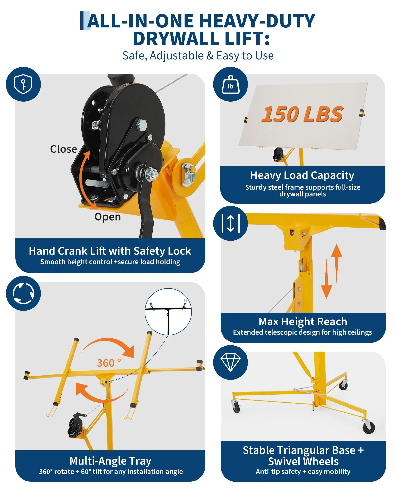 Heavy-Duty 13ft Drywall Lift – 150LB Capacity Gypsum Board Hoist for Ceiling Installation, Single-Person Plasterboard Lifter with Adjustable Height – Black/Yellow