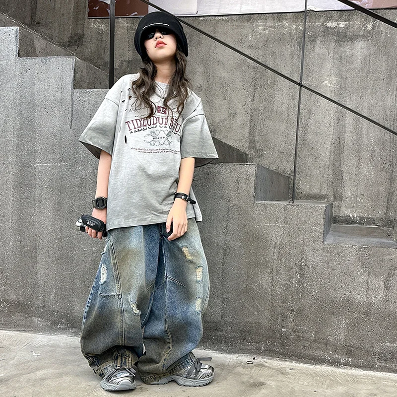 Cowboy Children's Pants Loose Fit Dirty washing design Wide leg Kids Jeans Pants for Girl Fashion Boys Denim Trousers Niche Wear