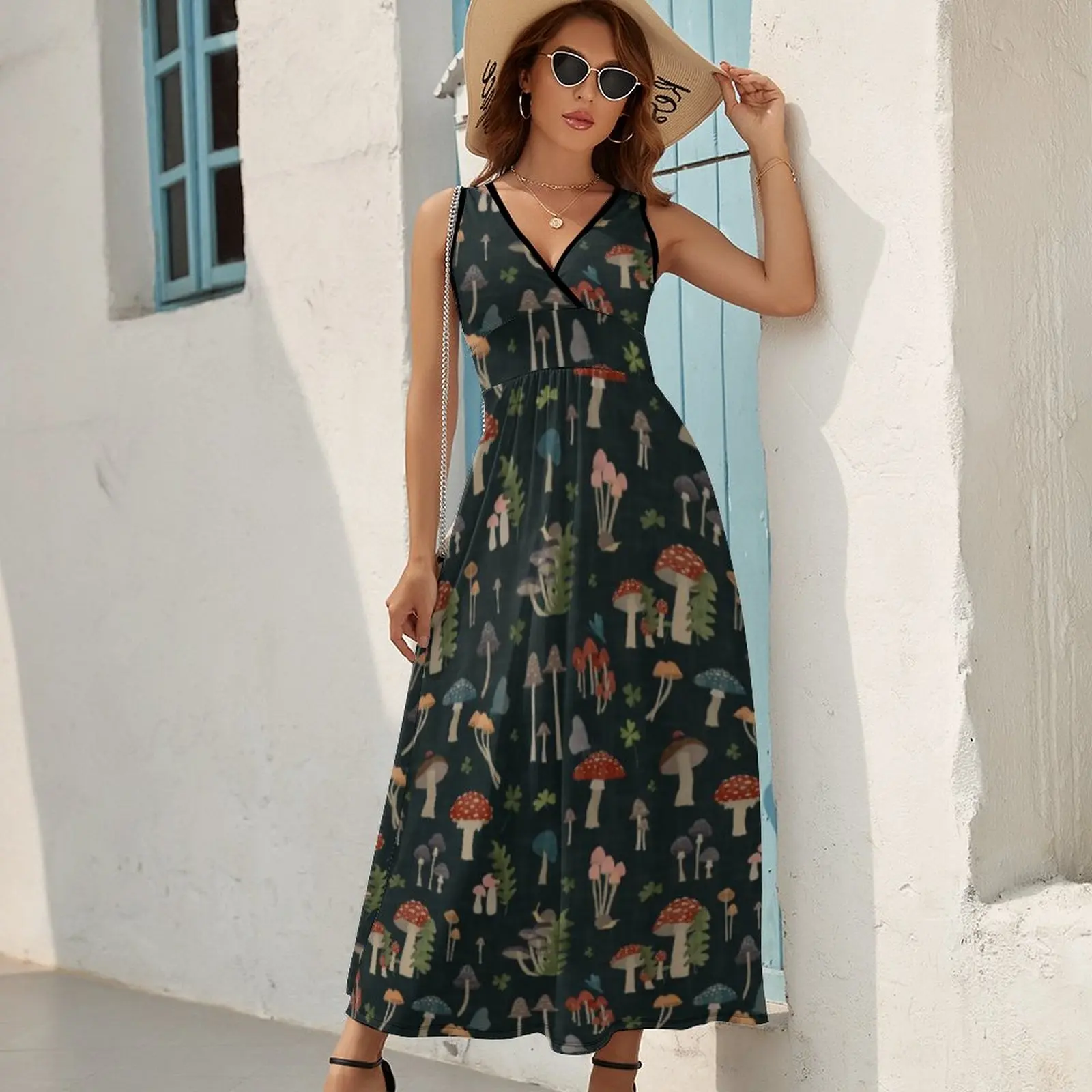 Vintage Mushrooms Dress Green Leaf Print Beach Maxi Dress Estetyczne Bohemia Dลugie Sukienki Damskie Bez Rฤkawรณw Print Oversize Vestido