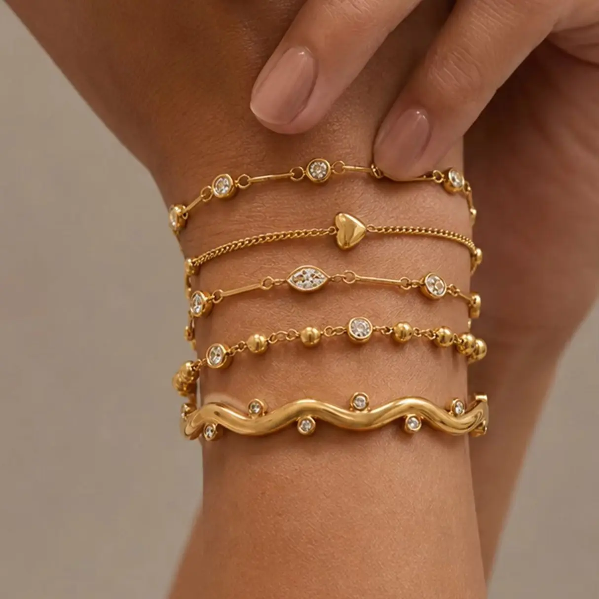 KunJoe Classic Trendy 18K Gold Plated Stainless Steel Elliptical White Zircon Irregular Open Waterproof Bracelets Women Jewelry