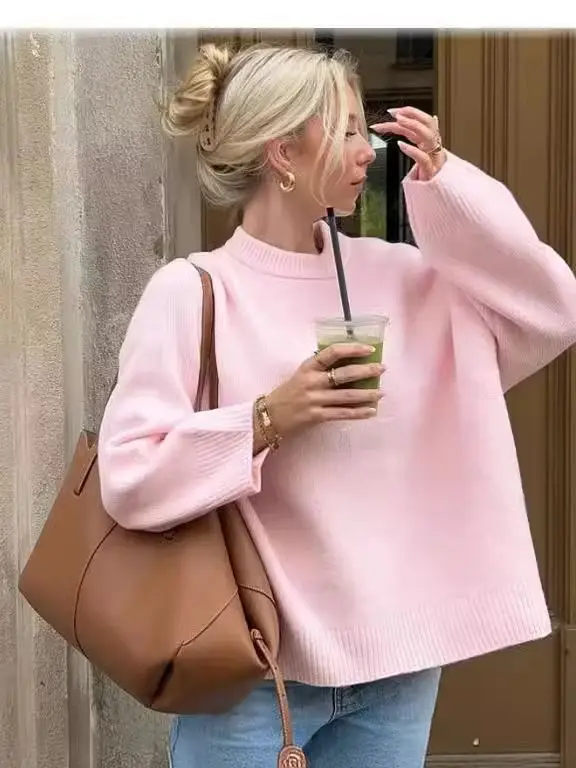 

Solid Color Sweet Round Neck Casual Pullover Sweater Maglione Da Donna Pink Sweater Tops Y2k Ropa De Dama Women Winter Sale 2025