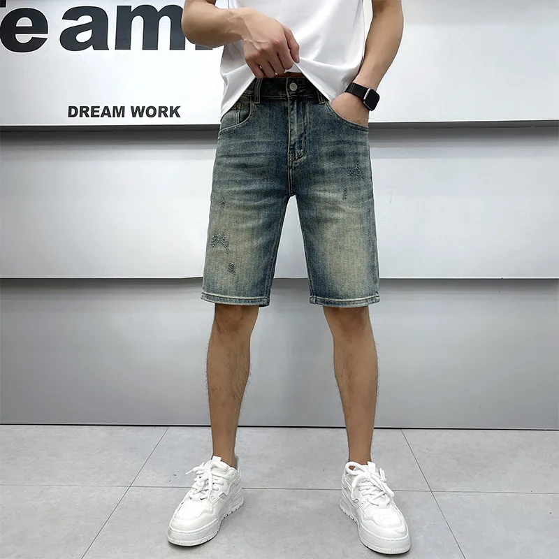 Thin-Style Blue Denim Shorts Men's High-End and Fashionable Slim Fit Stretch Retro Washed Casual Street Summer Pirate Shorts