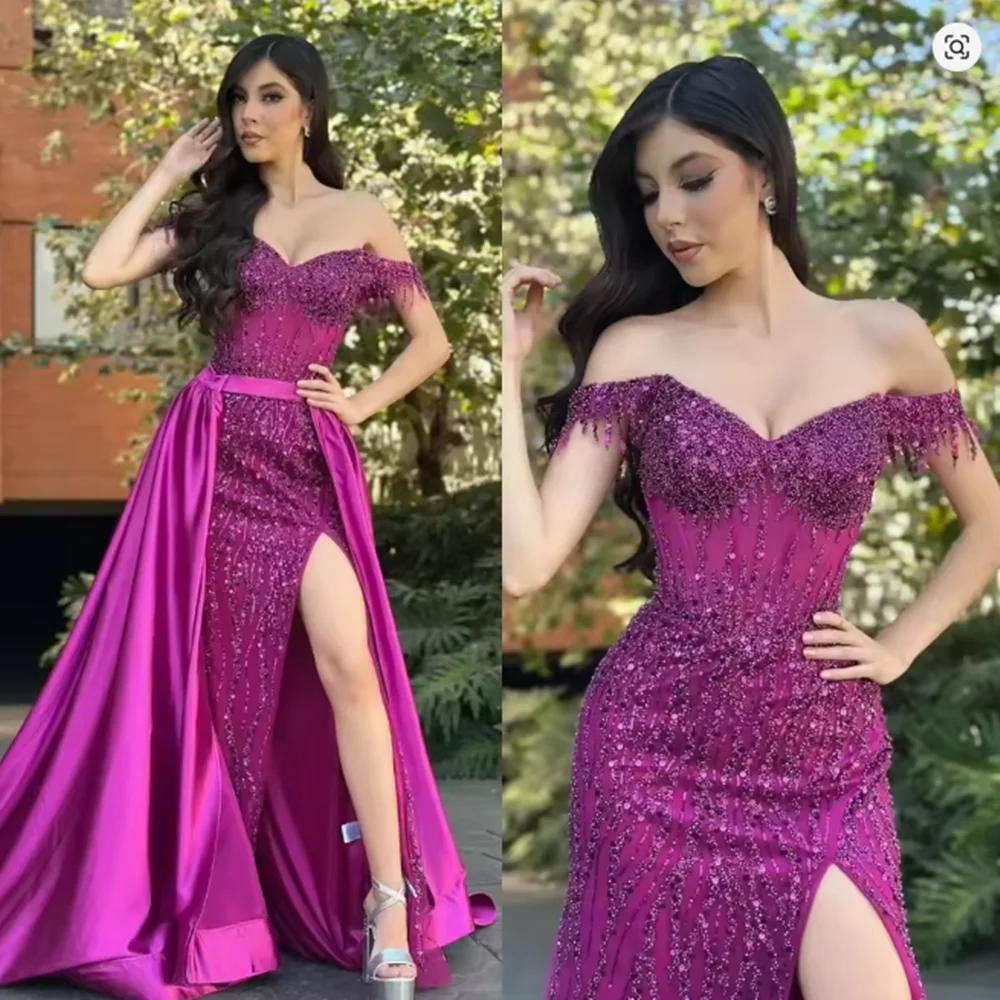 Gaun Prom Seksi yang Dapat Disesuaikan dengan Ekor yang Dapat Dilepas, Gaun Malam Berpayet dengan Model Off Shoulder, Belahan di Bagian Atas, Gaun Pesta Formal Khusus