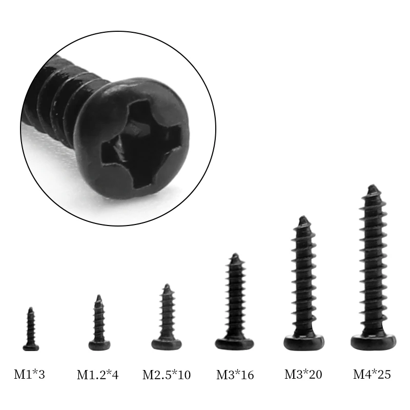 50/100pcs Countersunk Head Screw Set M1 M1.2 M1.4 M1.7 M2.5 M3 M4 Carbon Steel Cross Pan Round Head Selftapping Wood Screw Nail