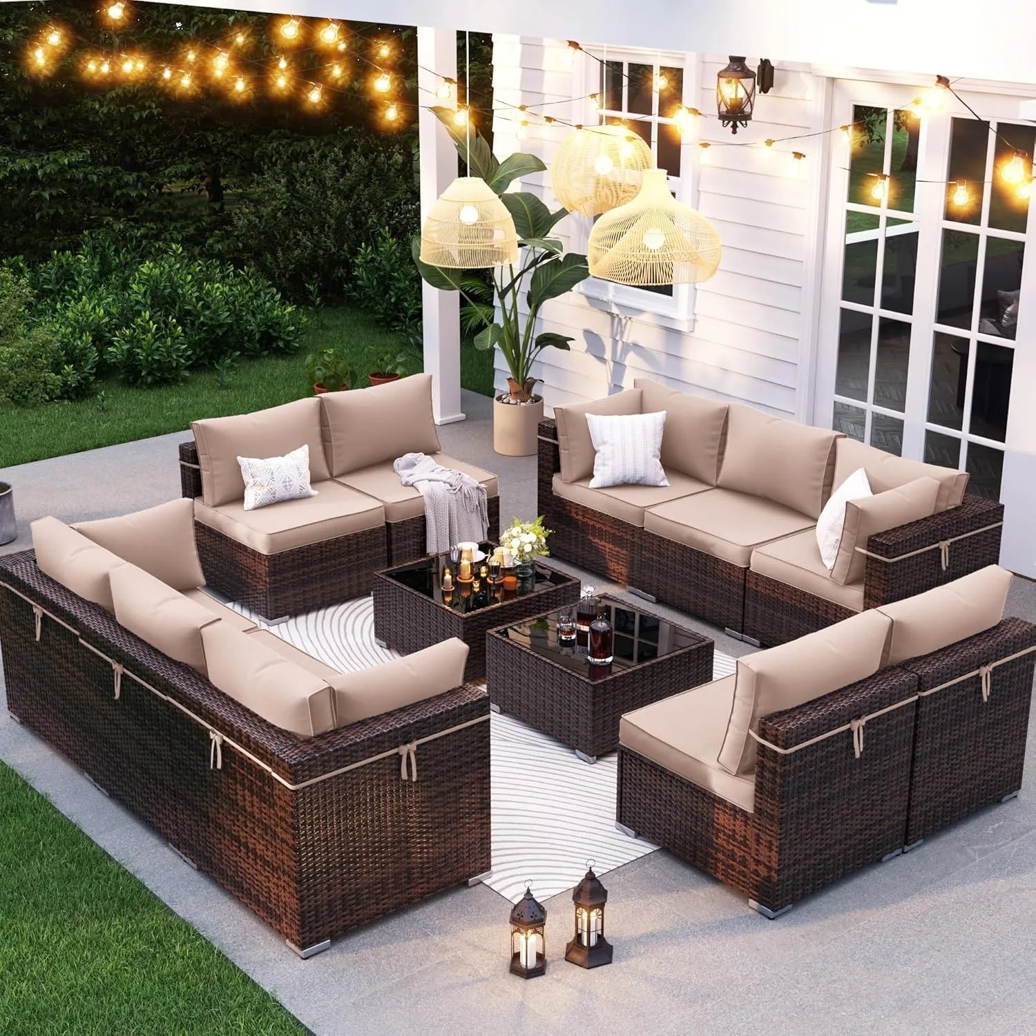 Patio Furniture Set, 12-Piece Outdoor Sectional with Waterproof Cover, Wicker Patio Conversation Sets (Brown w/ Beige Cushion)