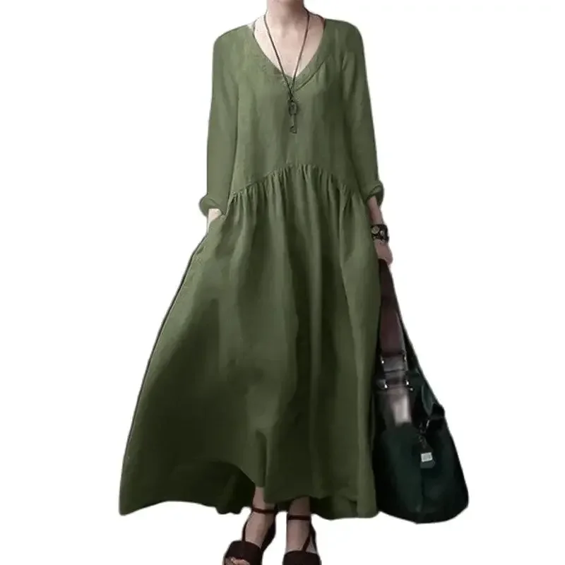 Women Solid Color V Neck Pullover Dresses Loose Waist Sides Pockets Dress Female Comfortable Casual Commuter Large Hem Long Gown