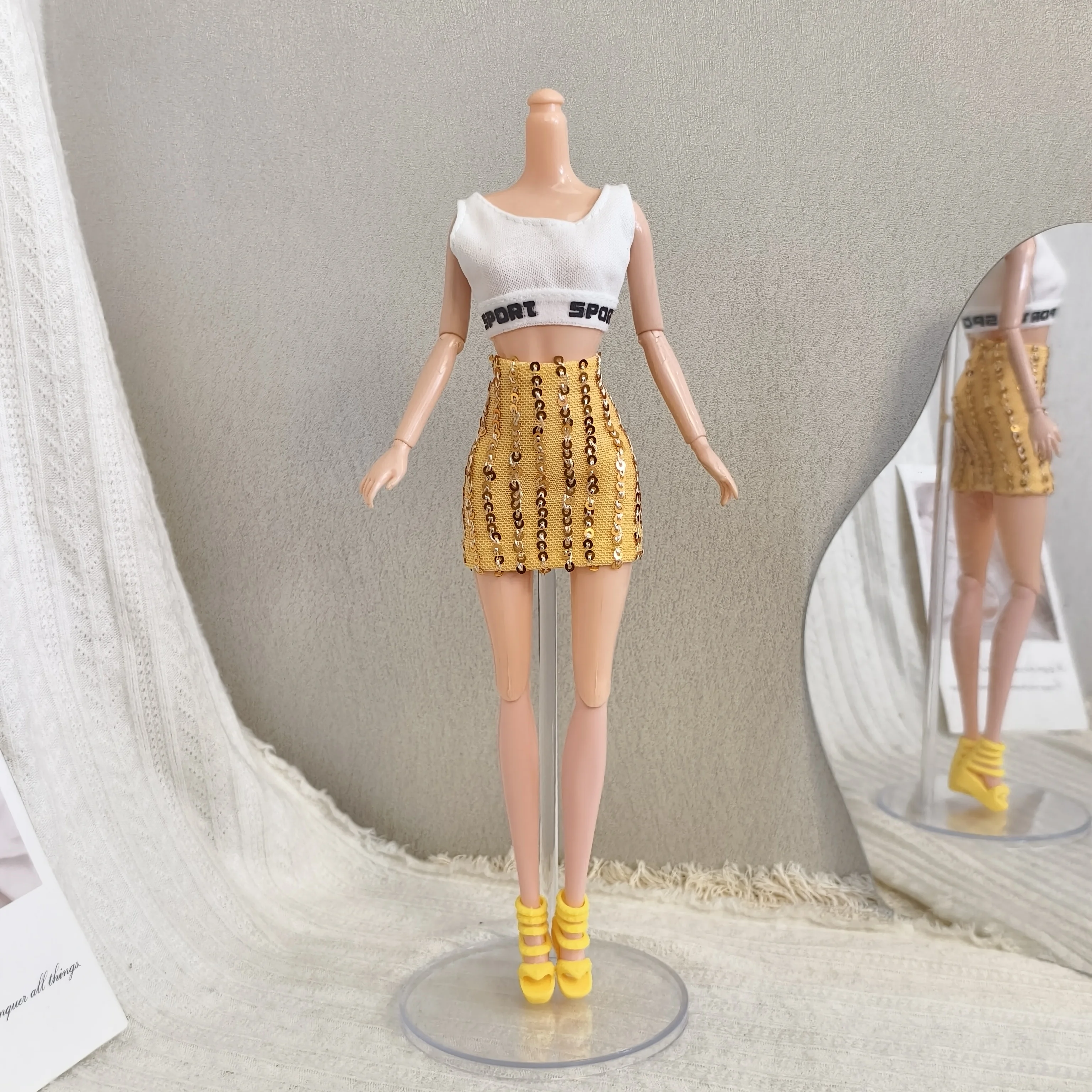 1/6 Doll Clothes Accessories Fashion Casual Sports Vest+Exquisite Sequin Half Skirt Pearl Handbag For 30cm Babi Supermodel Doll