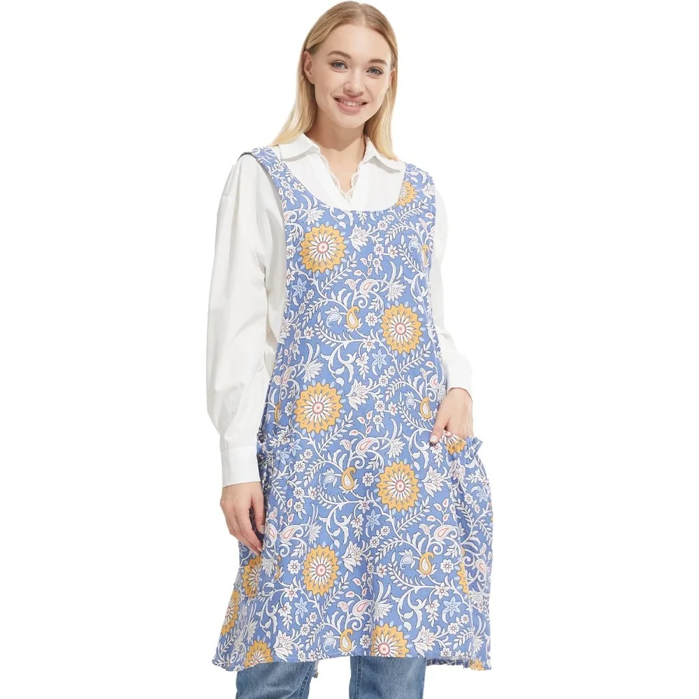 

Cozy Adjustable Cross Back Aprons for Women with Pockets Cotton Linen Cooking Kitchen Baking