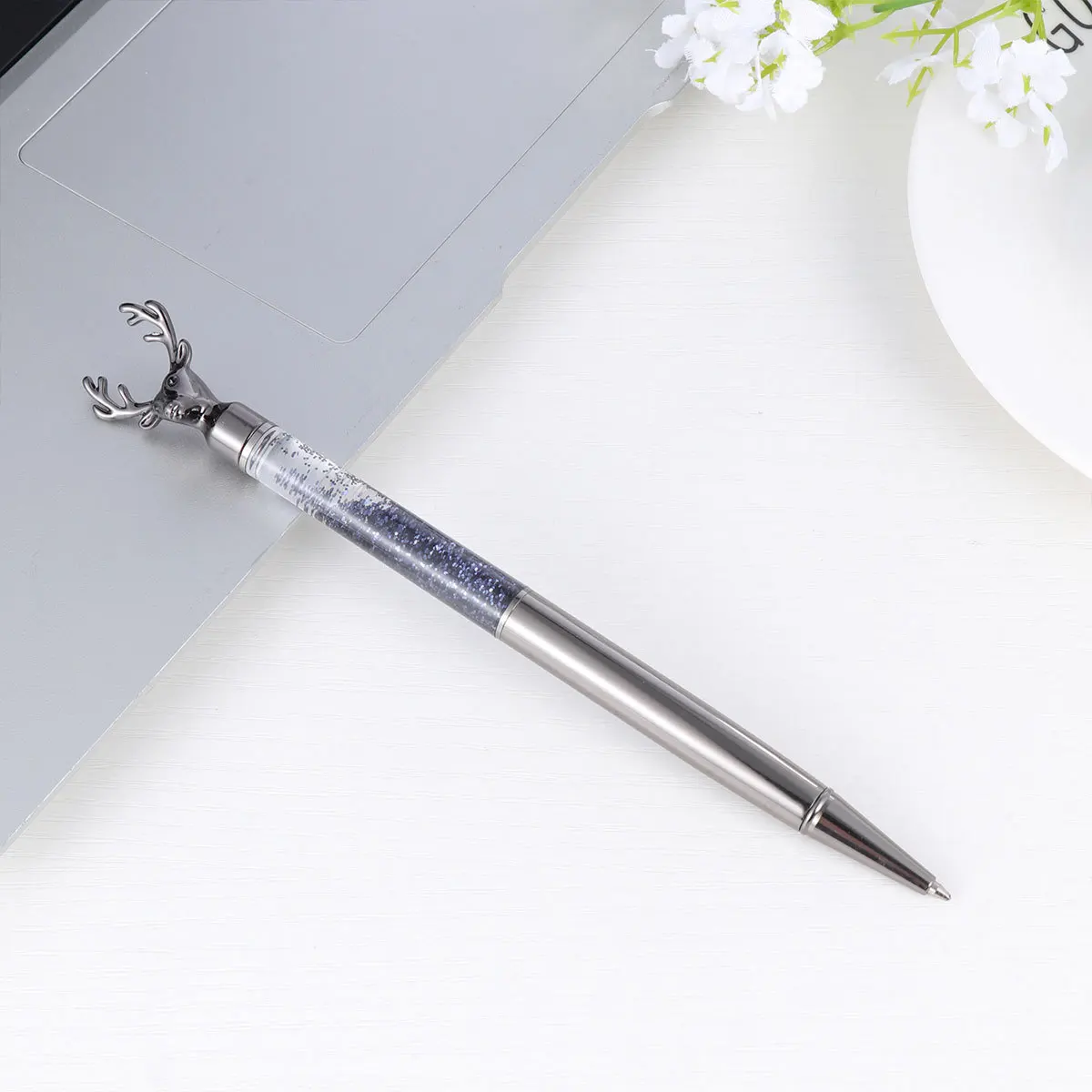 

2Pcs Metal Body Deer Design Ballpoint Pens Featuring Diamond Decor Smooth Ink Flow for Student Worker Office Use Grey