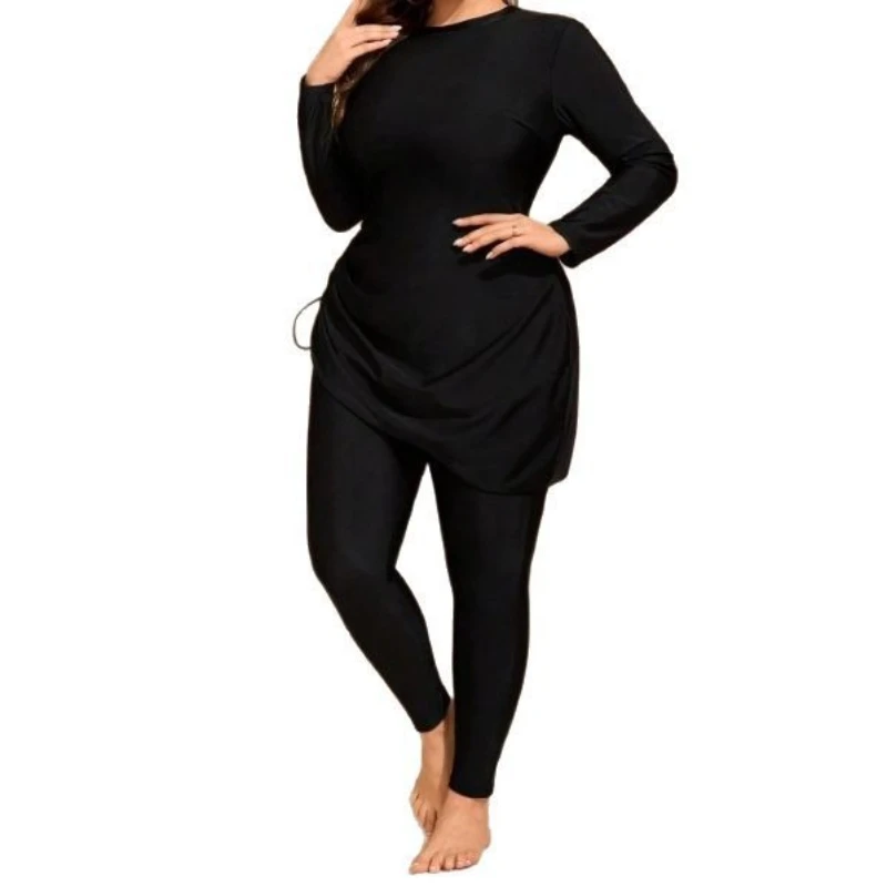 Black Plus Size Bikini 4XL Women Conservative Long Sleeve Swimwear Quick Dry Surfing Diving Muslim Tankini