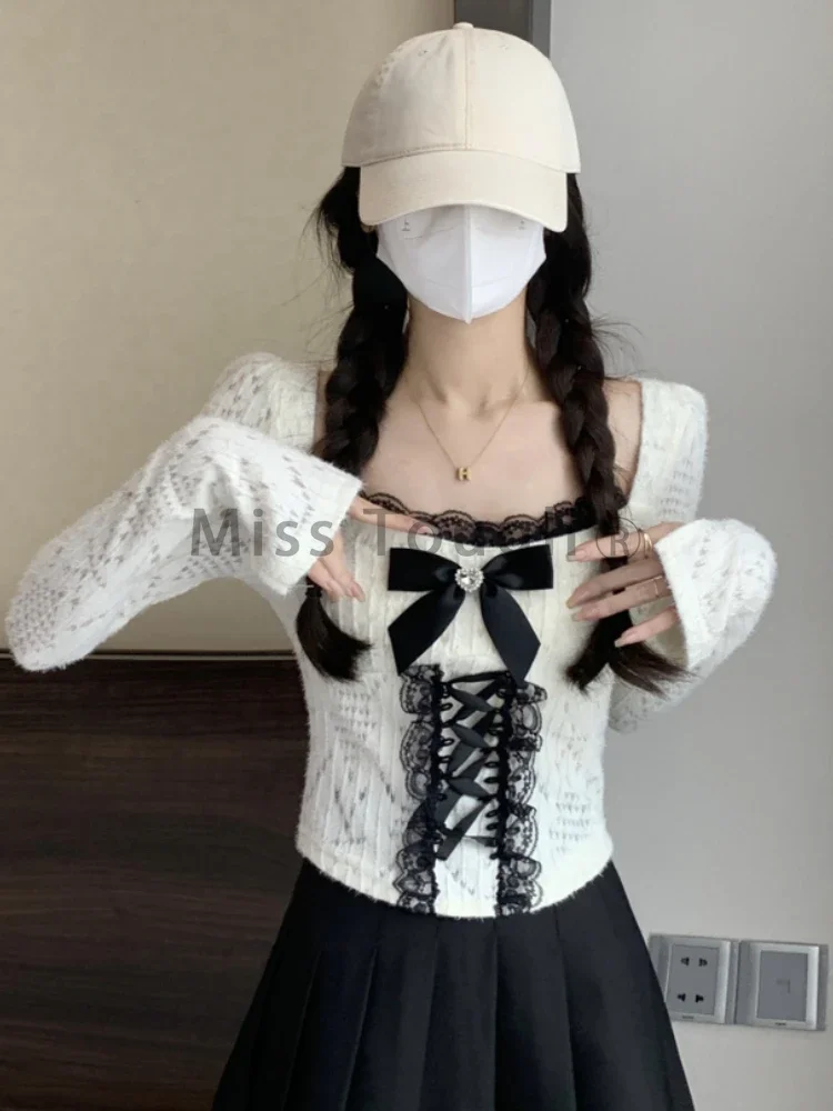 Autumn Korean Fashion Bow Long Sleeve Tops Women Elegant Chic Lace Slim Knitting Irregular Top Design Sweet Square Neck Top New