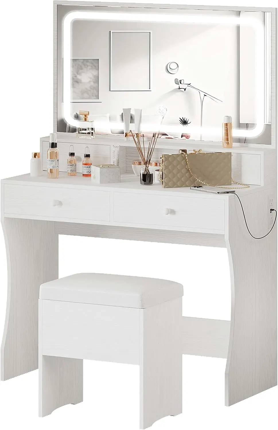 

Vanity Desk with LED Lighted Mirror & Power Outlet, Makeup Vanities Table with 4 Drawers,Storage Bench,for Bedroom White