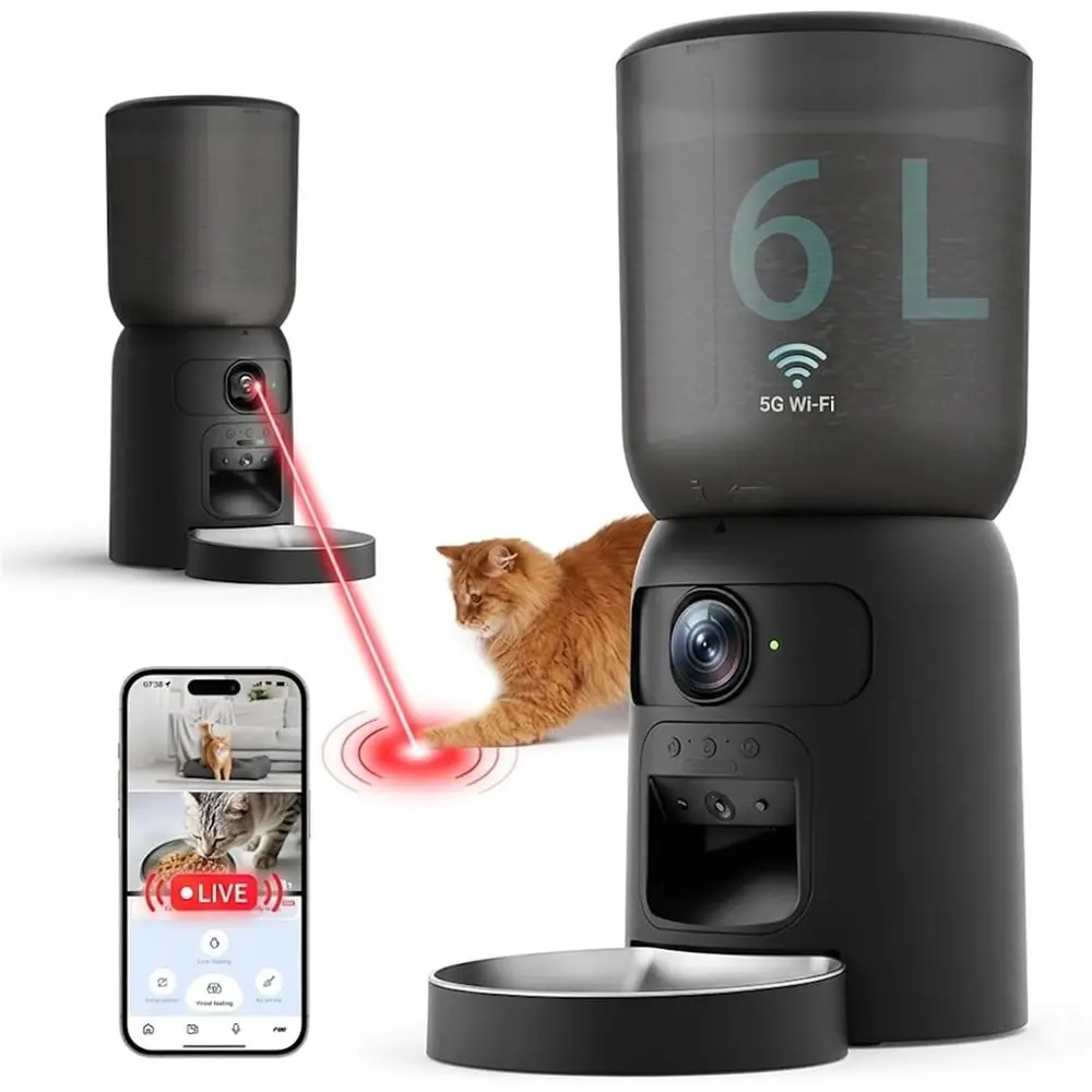 

6L Dual Camera AI Pet Feeder with App Control, Voice Commands, Pet Interaction, and Motion Tracking