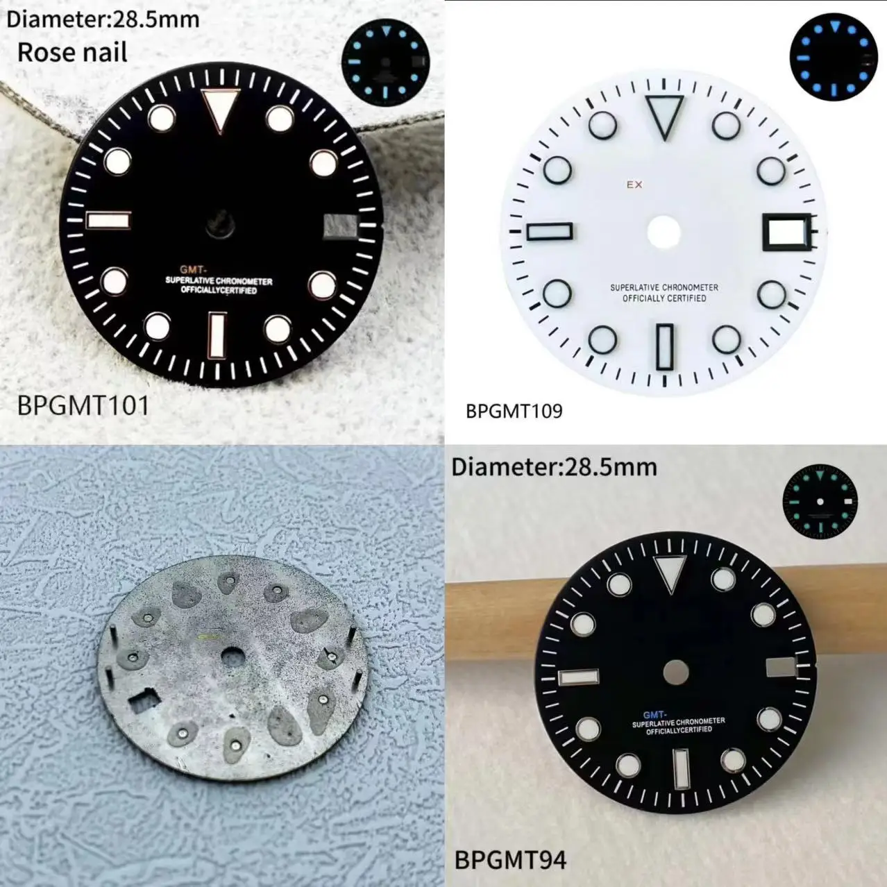 High Quality 28.5mm GMT SUB bule Luminous Black Watch S Logo Dial Hot selling GMT Mark s Dial gmt NH dial 34 automatic Movement