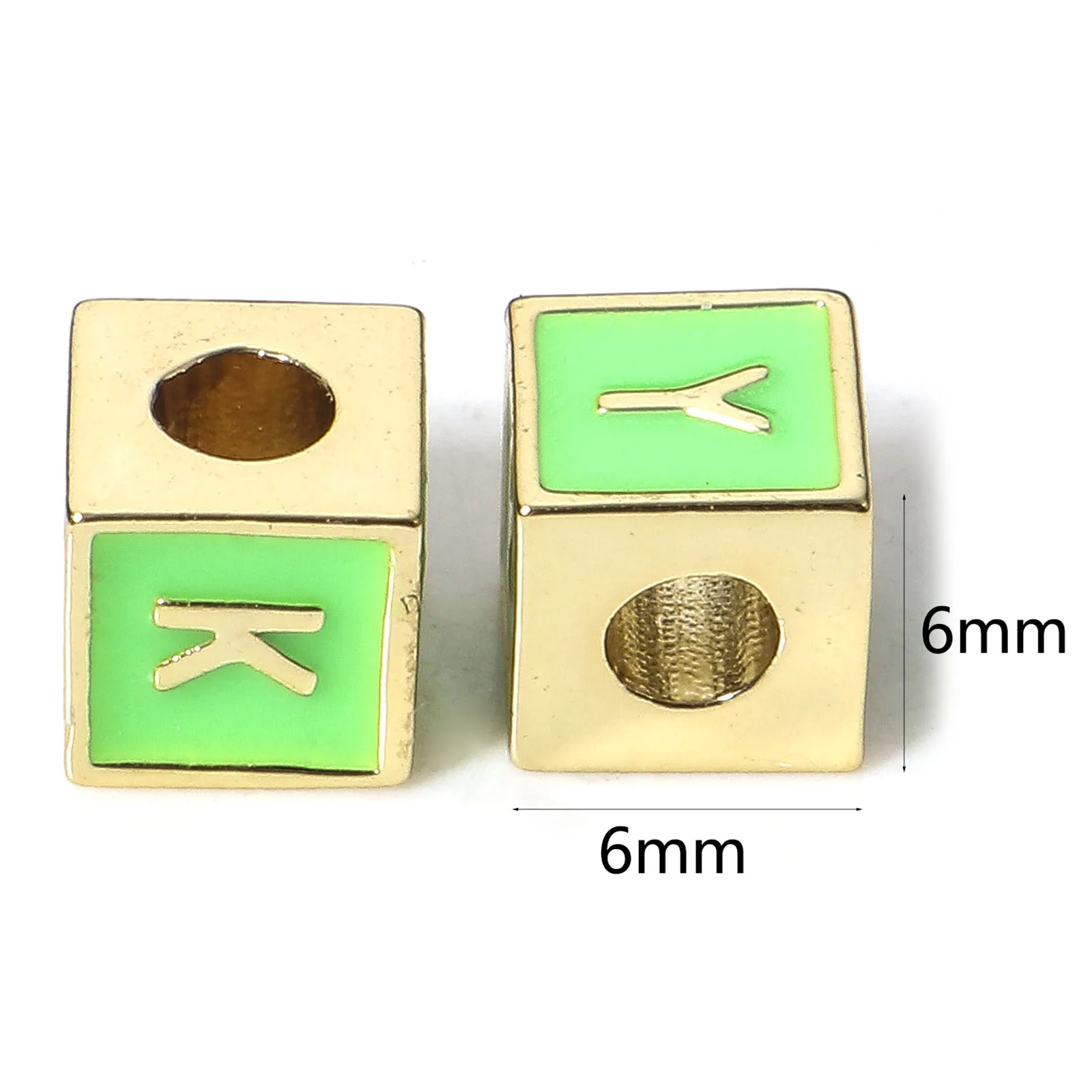 1pc 6x6mm Copper Beads Green Cube Capital Letter Enamel Message 