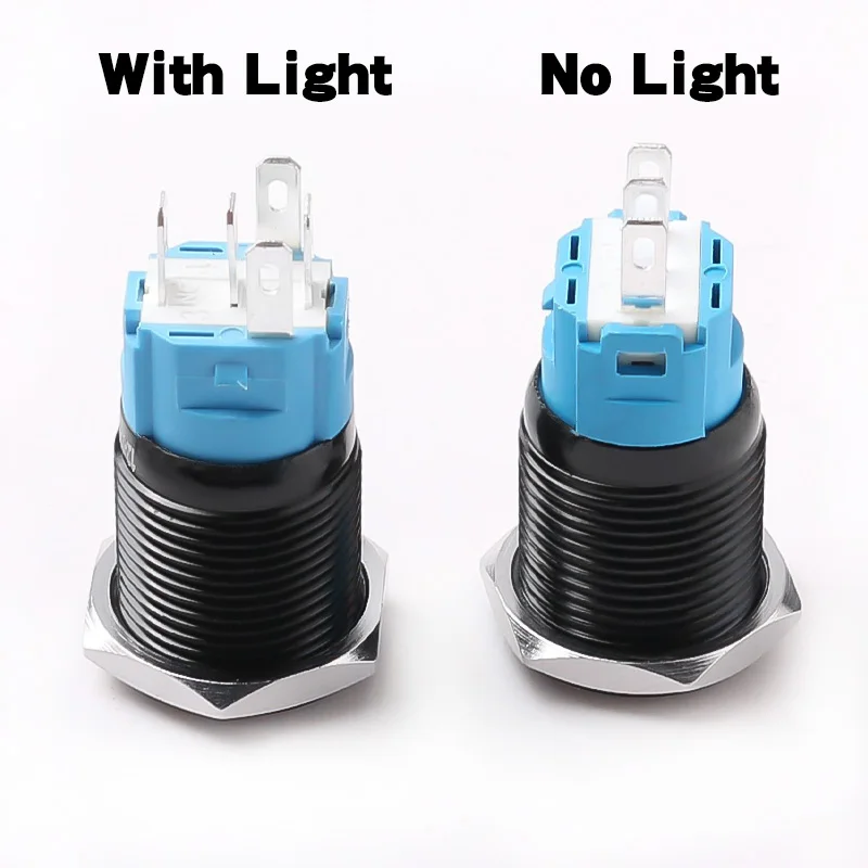 16mm Metal Button Switch Oxidized Black Shell High Head Latching Momentary With Lights 1NO1NC Waterproof Switch