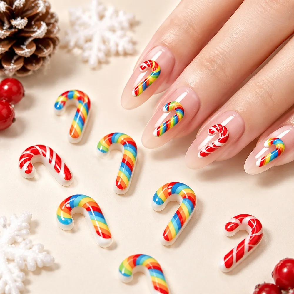 50Pcs 3D Resin Christmas Candy Cane Nail Charms Multi‑Color Mini Xmas Decorations For Salon Manicure & Home DIY Nail Art Craft
