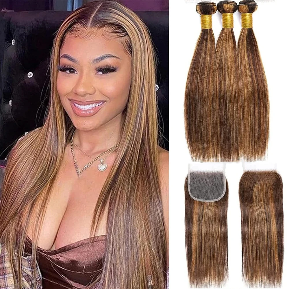 Brazilian P4/27 Highlight Bundles With Closure 4x4 Transparent Lace Closure With Straight Bundles 3/4 Bundles Human Hair