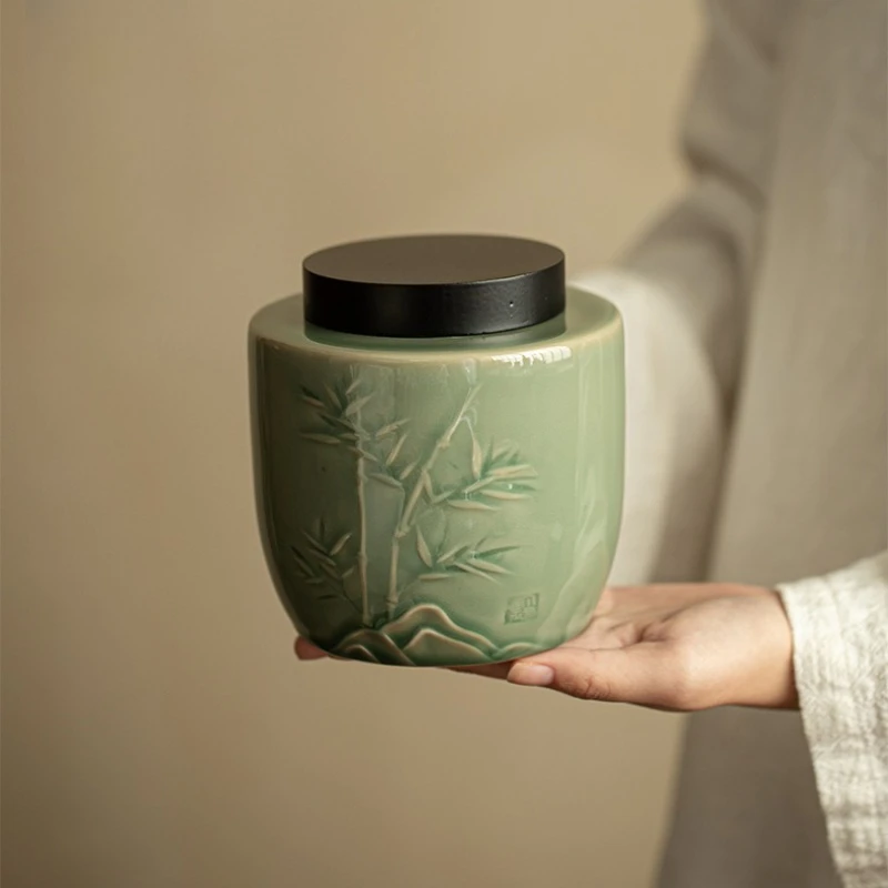 青磁茶缶ブティック高級レトロ陶器防湿密封瓶白茶プーアル茶大容量保存缶詰