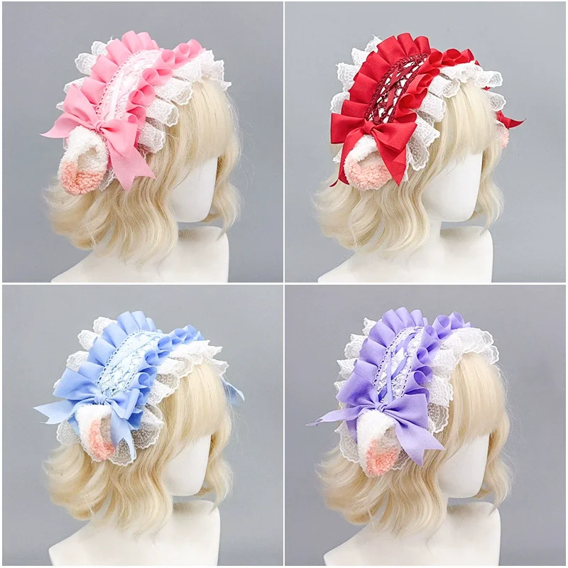 Japanese Harajuku Style Lolita Sheep Ear Headband Sweet Girl Cute Faux Lamb Fur Bow Headpiece Clouds Soft Cosplay Headband