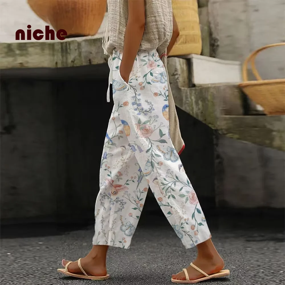 

Fashion Street Women's Pants Small Fresh Flower Printing Cotton And Linen High Gram Weight Designer New Trend Nine-Point Pants