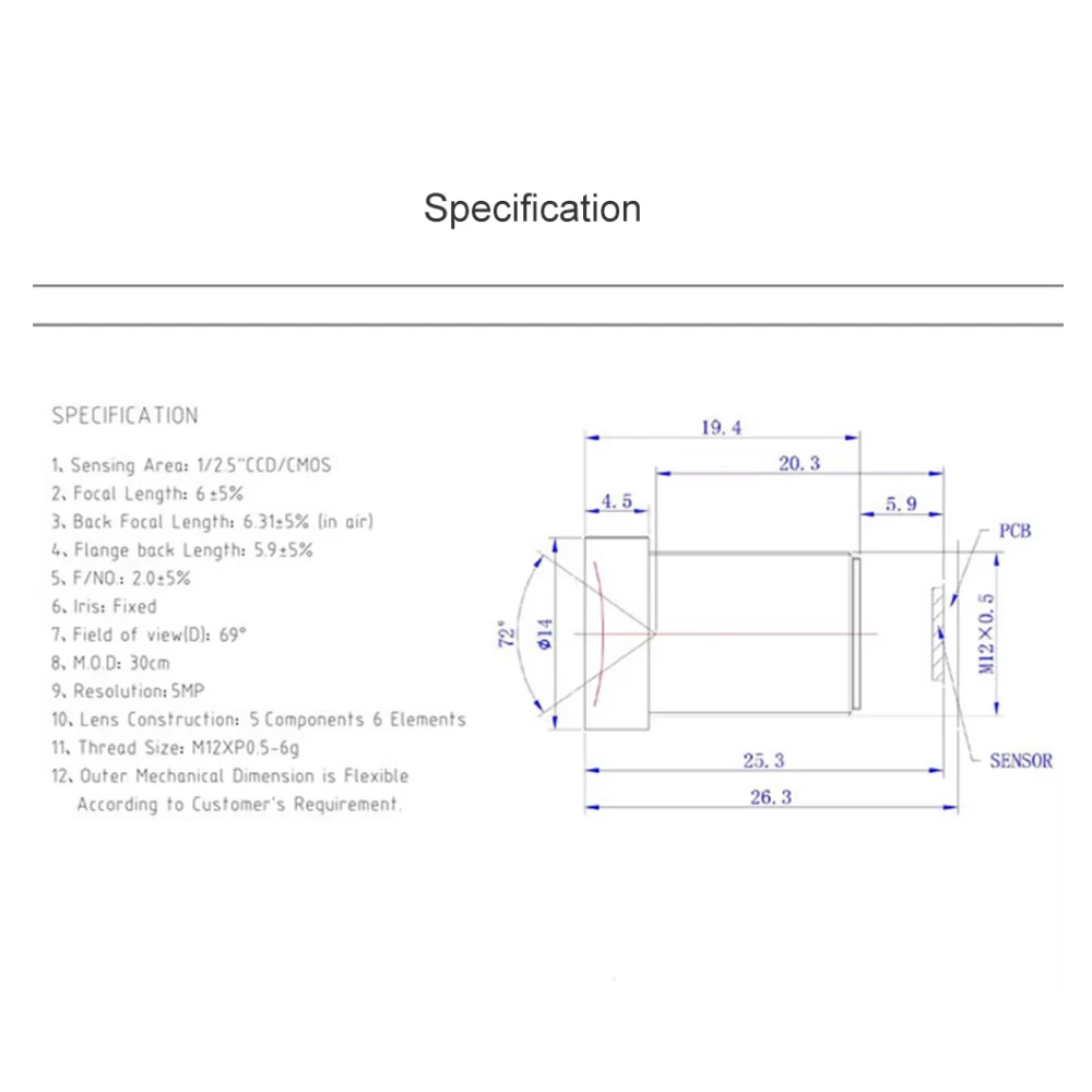 Witrue  HD 5MP M12 Mount Lens 6MM  Aperture F2.0 Format 1/2.5" for Surveillance Security CCTV Cameras
