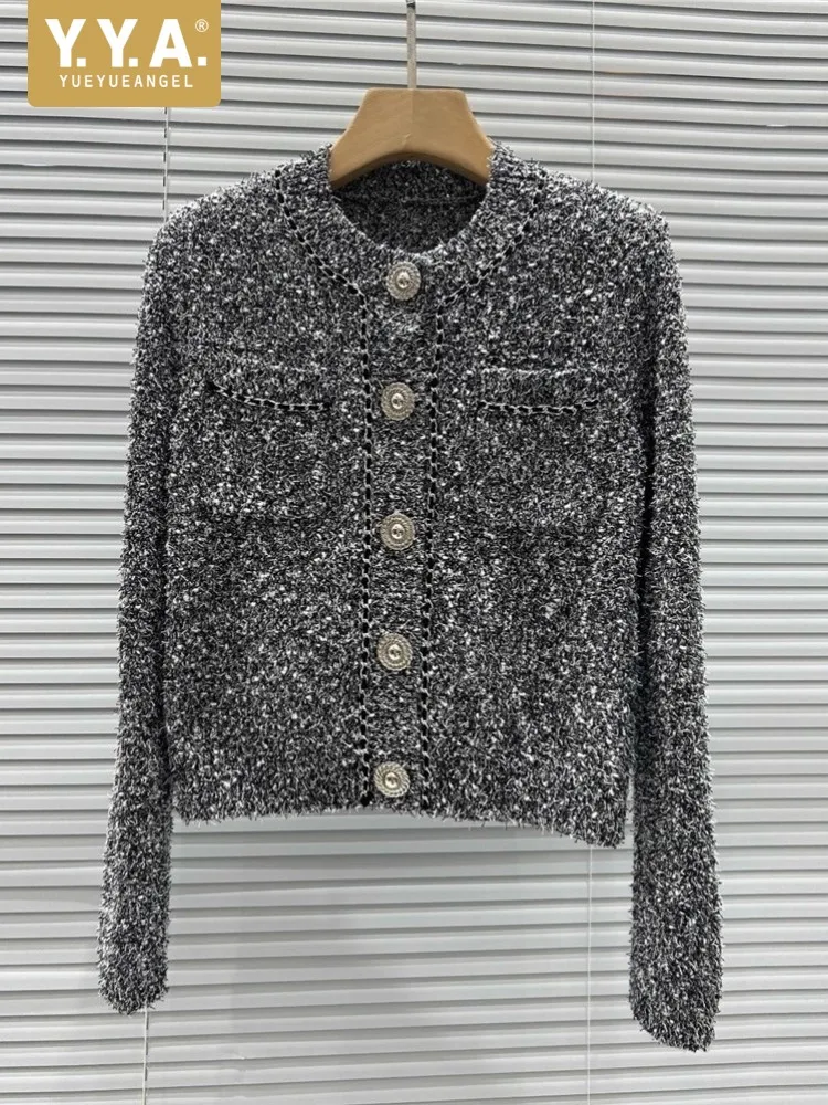 

Elegant Office Ladies Autumn Winter Short Knitted Cardigan Jacket Long Sleeve Slim Fit Chain French Style Casual Women Sweater